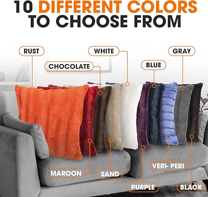 Cheer Collection Fall Decorative Throw Pillows for Couch – Set of 2 Faux Fur Fall Pillows for Couch, Cozy Fall Couch Pillows for Living Room or Bed, Soft, Rust Accent Pillows, 22"x22"