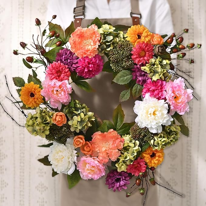 2 Pcs Spring Wreaths for Front Door, 22 Inch Spring Front Door Wreath Indoors Outdoor Decor with Hydrangea, Peony, Summer Floral Wreaths for Front Door Outside All Season for Home Porch Decor