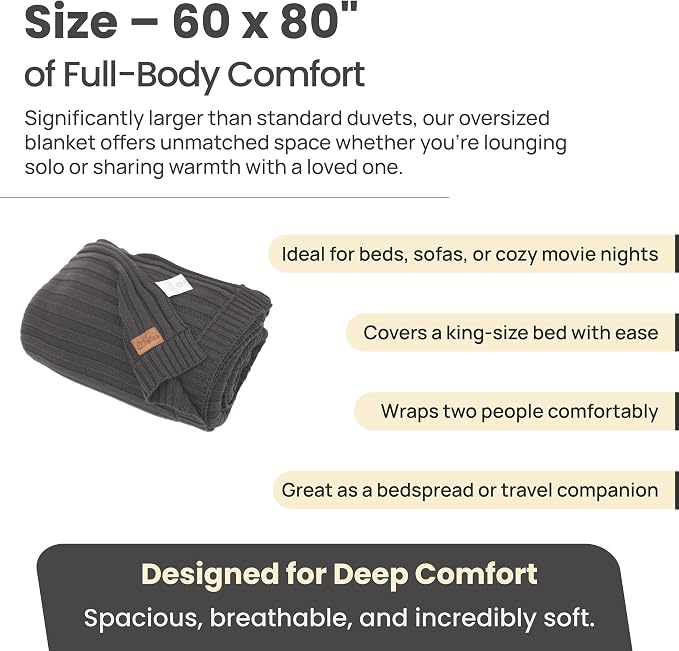 100% Organic Cotton Knit Blanket Denise, Soft and Lightweight, Breathable All-Season Throw for Bed, Sofa, or Lounge Area -GOTS Certified-Perfect for Home and Bedroom Styling (Charcoal, 60x80)