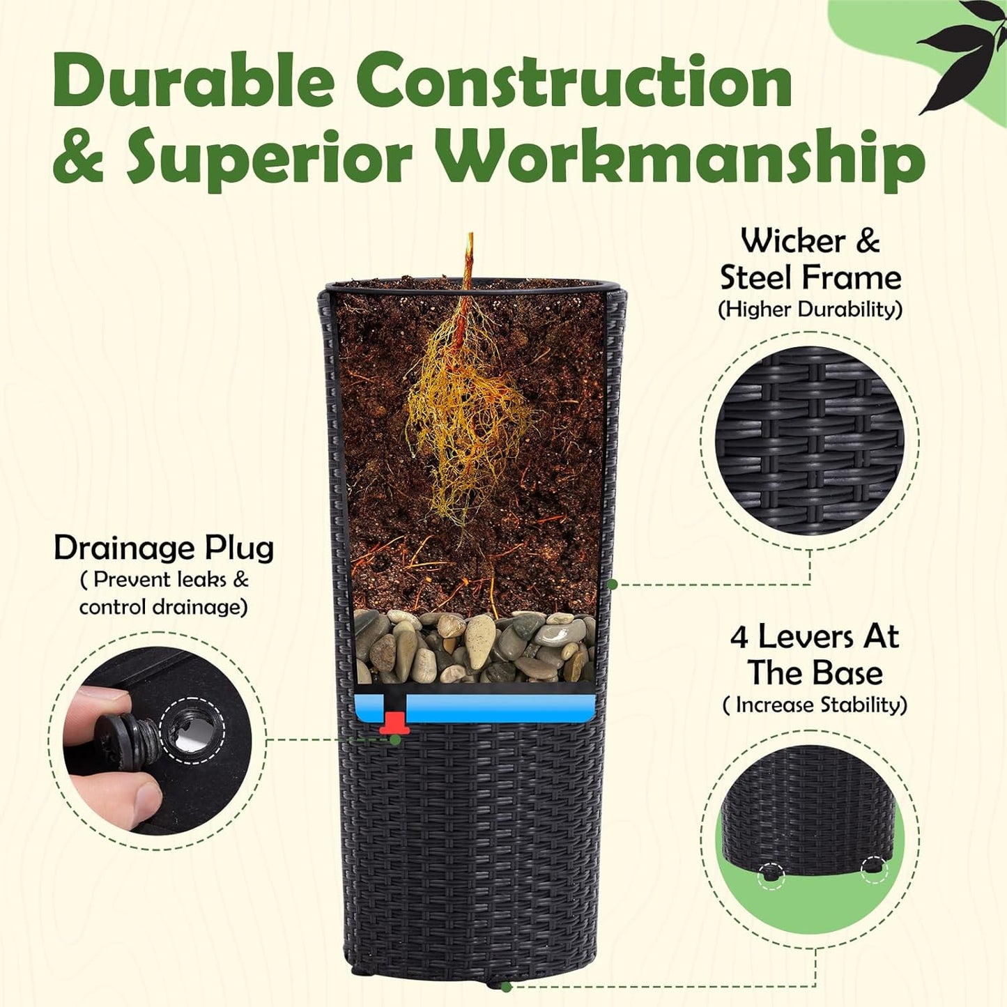 IDZO All Weather Wicker Planters for Outdoor Plants Set of 2, 24 inch Tall Black Planter for Front Porch, Patio, Balcony, Indoor Usage - Round Rattan Flower Pots