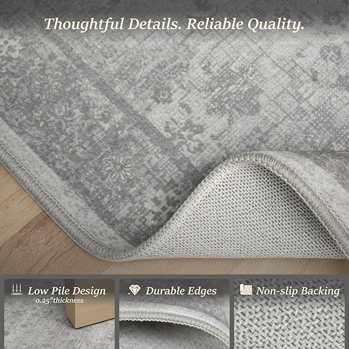 Modern Farmhouse 8x10 Washable Rug for Living Room, Neutral Gray Vintage Distressed Rug, Soft Non-Slip Low Pile Carpet for Bedroom, Dining Room & Home Office