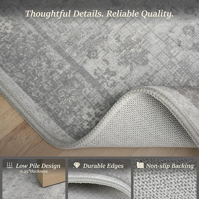 Washable 3x5 Entryway Rug, Non-Slip Low Pile Area Rug for Kitchen, Living Room & Laundry Room, Mineral-Inspired Marble Pattern Neutral Gray Floor Mat