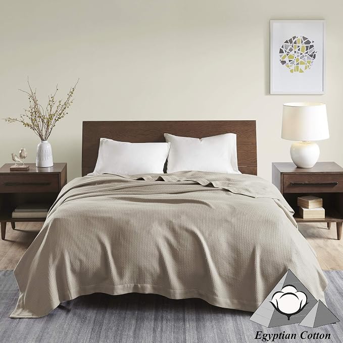 Madison Park 100% Egyptian Cotton Lightweight Summer Blanket, Breathable Waffle Knit Design, Soft Cozy All-Season Throw for Bed, Couch or Sofa, Khaki Taupe King Size (108"x90")