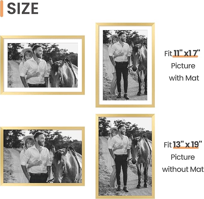 upsimples 13x19 Picture Frame, Display Pictures 11x17 with Mat or 13 x 19 Without, Wall Hanging Poster Frames, Gold, 1 Pack