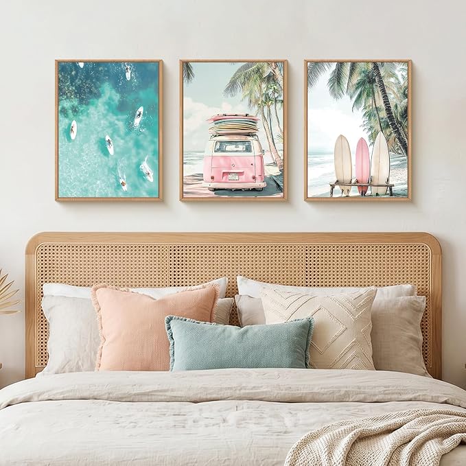 HOURIA Summer Surfboard Beach Framed Canvas Wall Art Set,Modern Ocean Surfing Seascape Wall Decor,Coastal Bus Coconut Tree Wall Painting,Nature Botanical Art Prints for Living Room, Bedroom-12 x16 x3