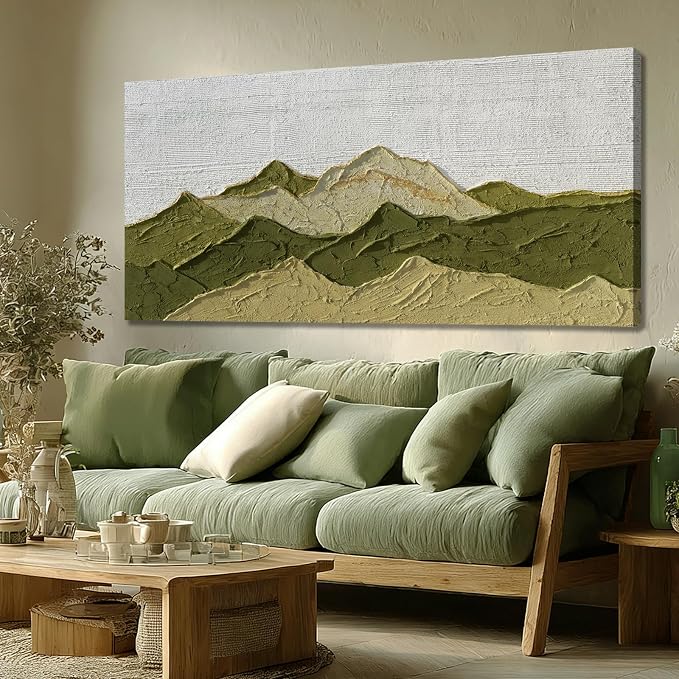 Dolidoteart Green Beige White Landscape Wall Art, Large Wall Art for Living Room, Hand Painted Mountain Oil Painting for Bedroom Office, Horizontal 29x58 Inch