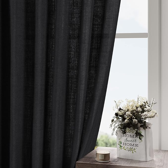 Black Semi Sheer Linen Curtains 72 inch Length for Living Room Back Tab Rod Pocket Modern Long Skinny Curtains Dividing Closet Decor Cotton Textured Gauze Curtain for Laundry Bedroom Office 38x72