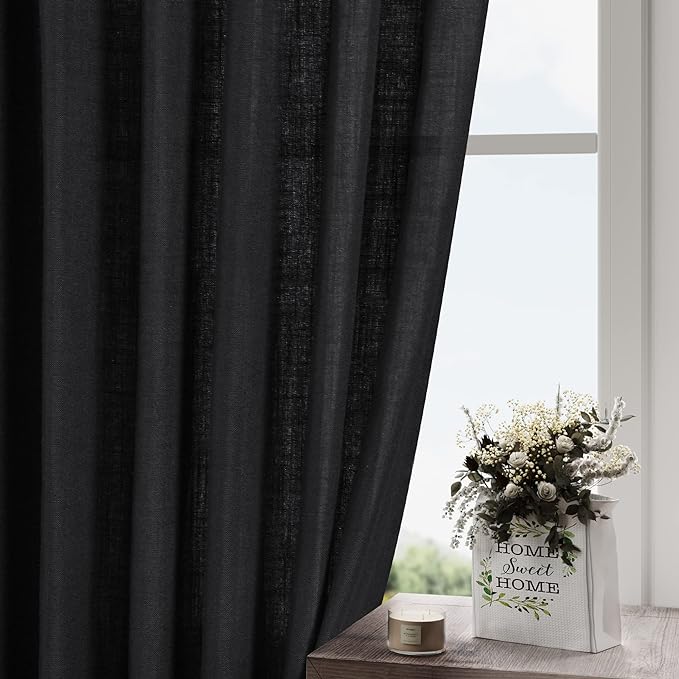 Extra Long Black Curtain 108 inches Long 2 Panels Set for Living Room Back Tab Modern Farmhouse Muslin Look Decor Cotton Textured Sheer Linen Curtains 108 inch Length for Large Window 9 FT Tall