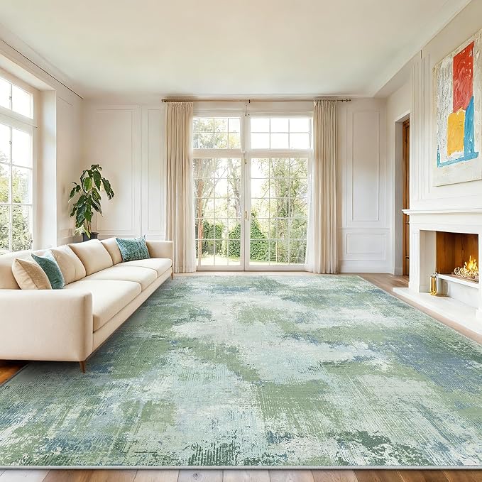 AMADA HOMEFURNISHING 9x12 Area Rugs for Living Room, Modern Large Area Rugs with Non-Slip Backing & Low Pile, Neutral Soft Washable Rug for Nursery, Bedroom, Dinning Room, Playroom, Green