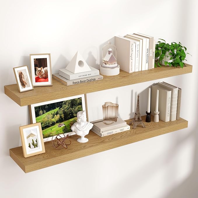 Venusmiles 48" Wide x 9" Deep Floating Shelves for Wall, Oak Finish, 2-Pack | Engineered Wood Wall Shelves with Invisible Brackets for Living Room, Bedroom, Bathroom, Office & Kitchen Storage