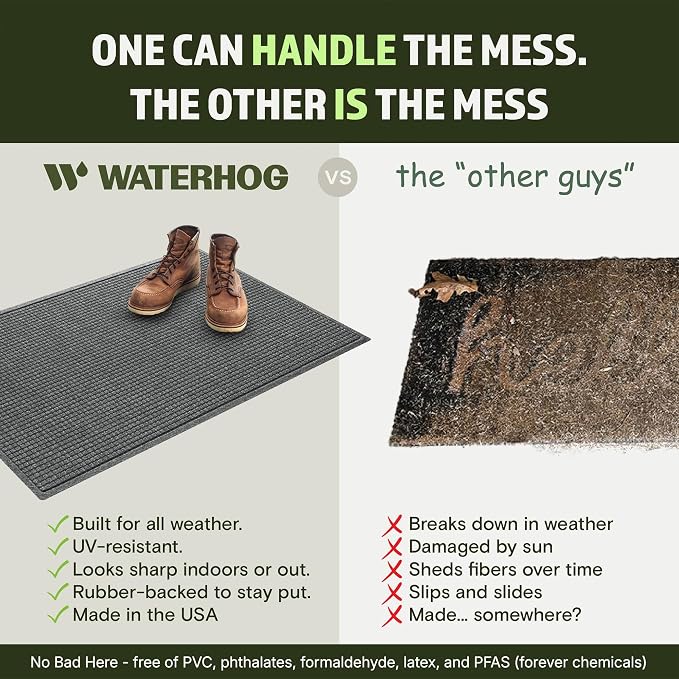 WaterHog Squares Front Door Mat Indoor Outdoor Entrance, Absorbent All-Weather Doormat Non-Slip Rubber Backing, Dirt & Moisture Trapper, Low Profile, Easy Clean, Made in USA, 35.5"x59.5" Medium Grey