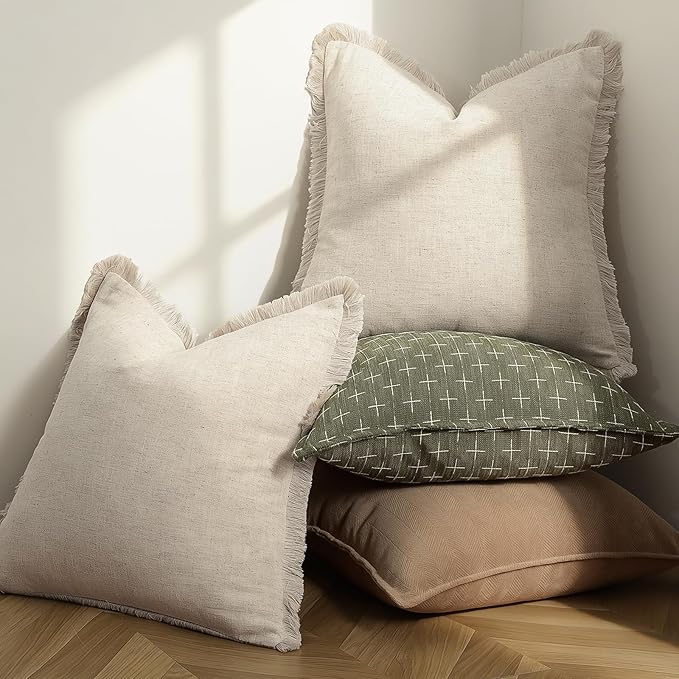 ZWJD Pillow Covers 26x26 Set of 2 Throw Pillow Covers with Fringe Chic Cotton Euro Shams Square Cushion Covers for Couch Sofa Bed Living Room Farmhouse Boho Decor, Natural Beige
