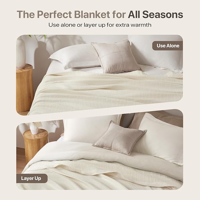 Madison Park 100% Cotton Blanket, Trendy Woven Waffle Weave Design, All Season, Lightweight, Breathable, Soft and Cozy Casual Summer Cover, for Bed, Couch and Sofa, Full/Queen(90 in x 90 in), Ivory