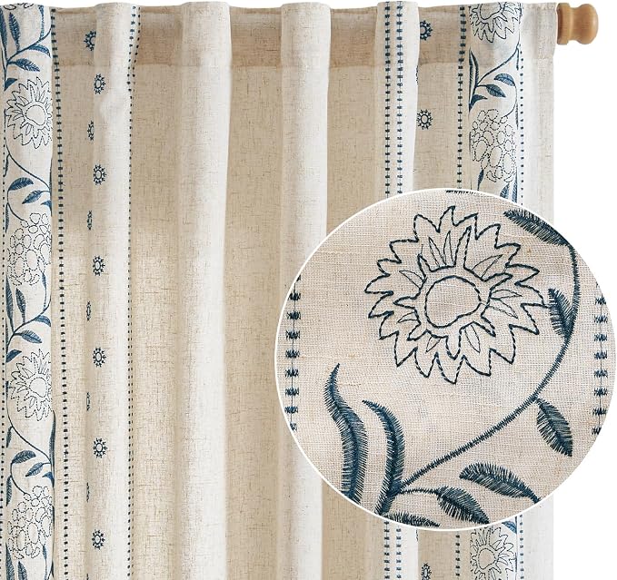 jinchan Winslow Linen Curtains for Bedroom 72 Inches Length Embroidered Bordered Floral Curtains for Living Room Farmhouse Decor Light Filtering Window Treatments Blue on Beige Drapes 2 Panels