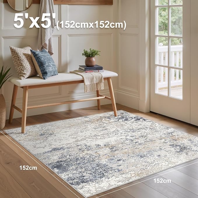 DMOYEST Square Area Rug Living Room Rugs - 5x5 Washable Large Soft Indoor Neutral Modern Abstract Low Pile Rug Carpet for Bedroom Dining Room Farmhouse Home Office - Beige Blue
