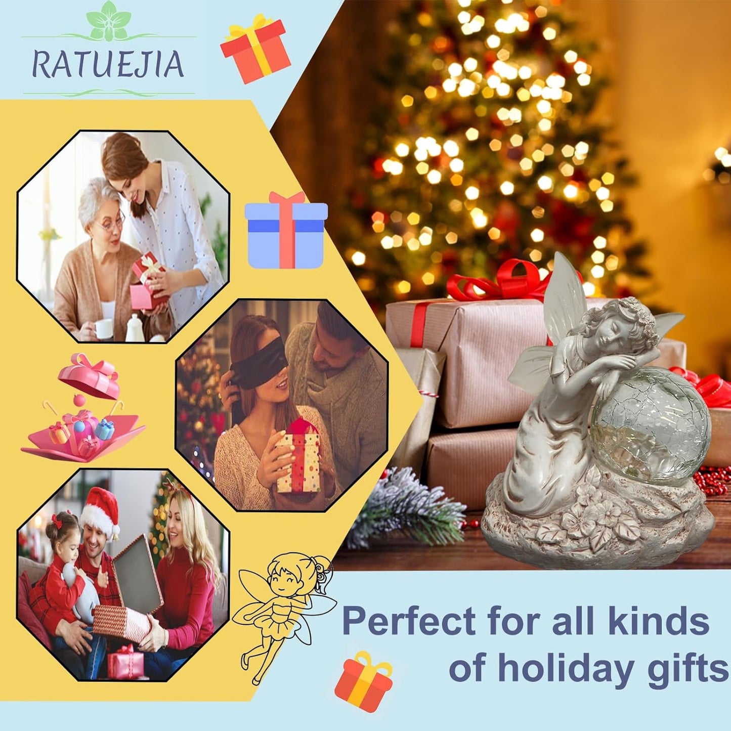 Fairy Garden Statue ，Solar Garden Decor ，Fairy Statue Outdoor with Glass Ball ，Waterproof Outdoor Decor，Suitable for Yard, Lawn ，Ideal for Holiday Giving (Left)