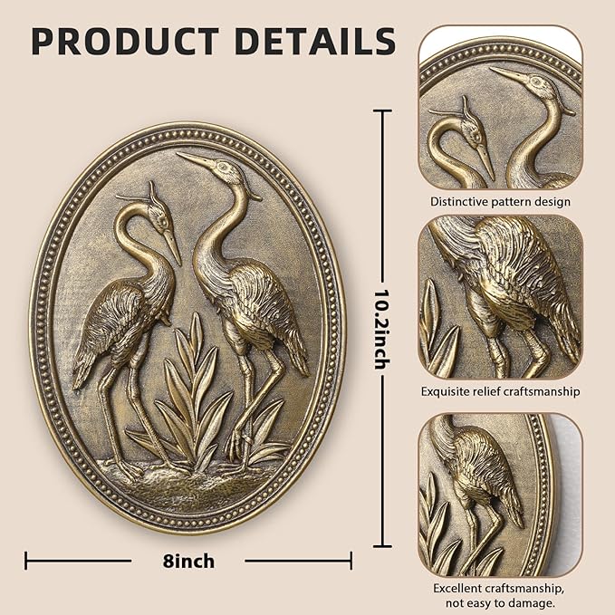 Vintage Crane Wall Sculpture 2 Pack, Crane Wall Art, Antique Wall Decor, Hand Painted Wall Decoration with Embossed Couple Bird Design, Gold Wall Decor for Living Room Bedroom Dining Room,Housewarming Gift(Gold Cranes)