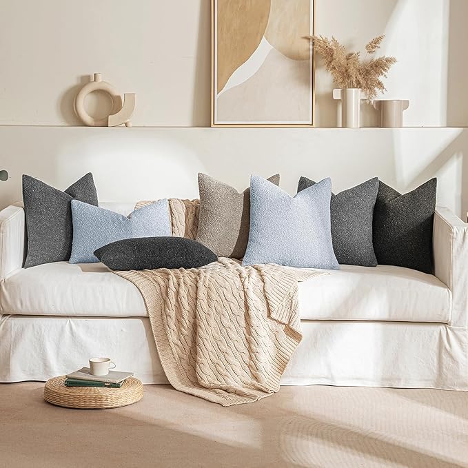 MIULEE 24x24 Inch Decorative Euro Sham Pillow Covers for Couch Bed Set of 2 Textured Boucle Neutral Throw Pillow Covers Light Blue Accent Solid Pillowcases Sofa Living Room Home Decor
