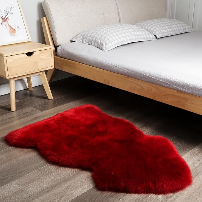 Red Genuine Sheepskin Rug, Fluffy Shaggy Fur Fuzzy Area Rug for Bedroom Living Room Soft Fur Wool Pray Pup Area Cushion Carpet, Chair Sofa Seat Cover, Single Pelt/2FT*3FT