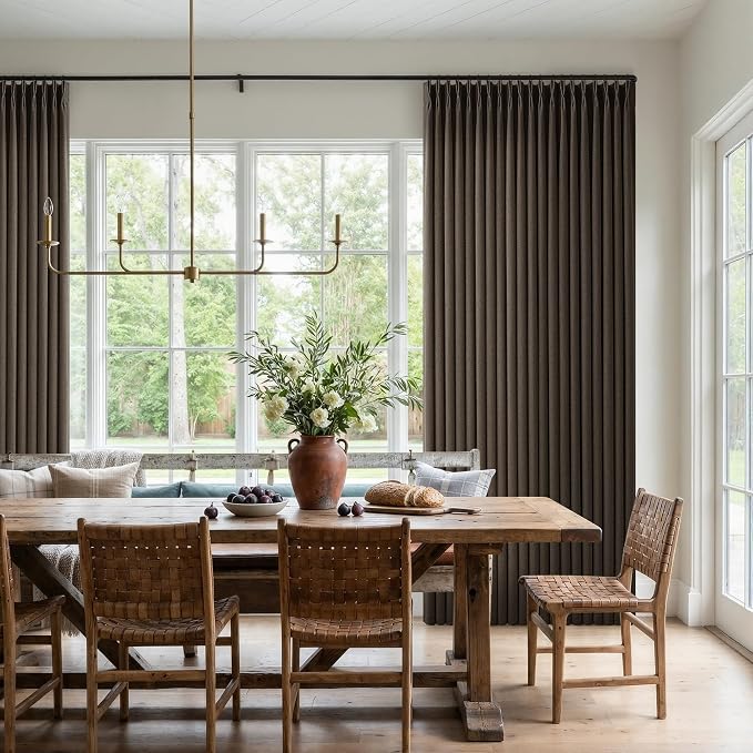 Pleated Linen Chocolate Brown Curtains 102 Inches Long 2 Panels for Living Room Bedroom Rustic Retro Farmhouse Textured Pinch Pleat Back Tab Track Semi Sheer Ceiling Floor 102 Inch Curtain Drapes