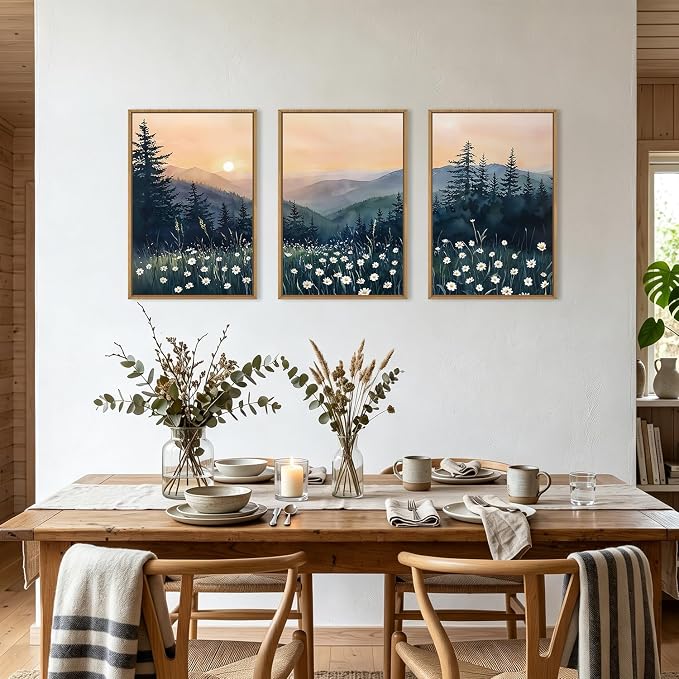 KAIRNE Mountain Floral Landscape Framed Canvas Wall Art Set,Watercolor Forest Wall Decor,Misty Pine Tree Art Prints,Nature Sunset Scenery Artwork for Living Room,Bedroom,Farmhouse,Office-16 x24 x3