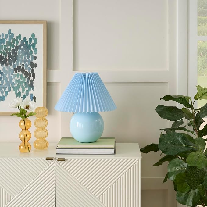 Nourison Home 13" Light Blue Ceramic Round Lamp with Pleated Shade for Bedroom, Living Room, Console, Entryway (Pack of 1)