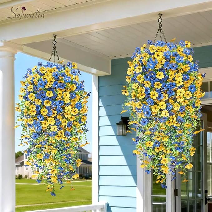 Serwalin 12PCS Artificial Hanging Flowers for Outdoors, UV Resistant Fake Hanging Plants, Realistic Weatherproof Outdoor Decor for Patio, Porch, Garden & Window (Yellow& Blue,12PCS)