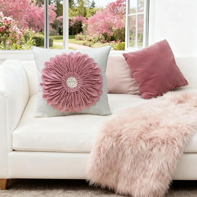 OiseauVoler 3D Sunflower Handmade Throw Pillow Covers Decorative Cushion Cases Pillowcases Home Couch Farmhouse Living Room Decor 18x18 Inch Pink