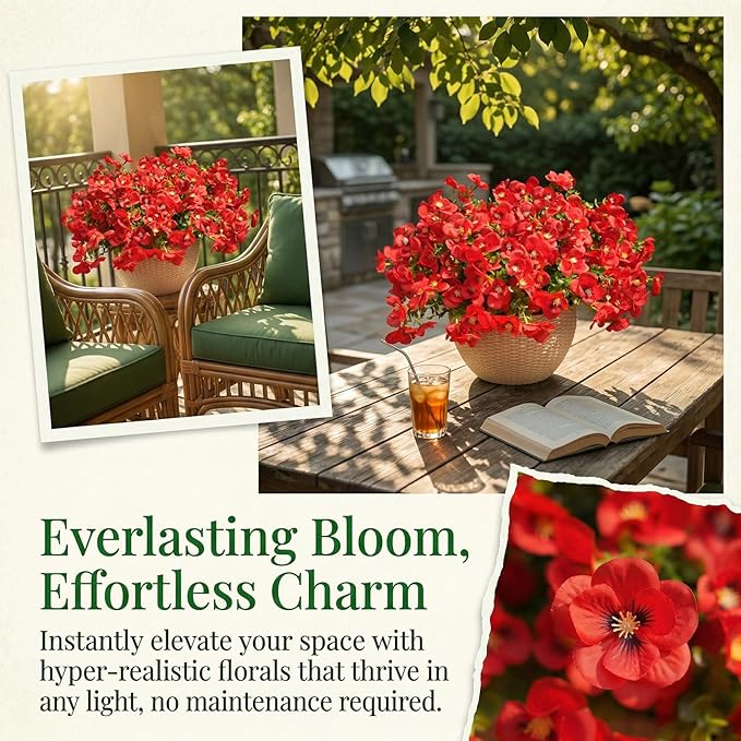 trytuny Artificial Flowers for Outdoor, Realistic Faux Plants for Outside Indoor Porch Patio Window Box Planter Home Decor (12pcs -red)
