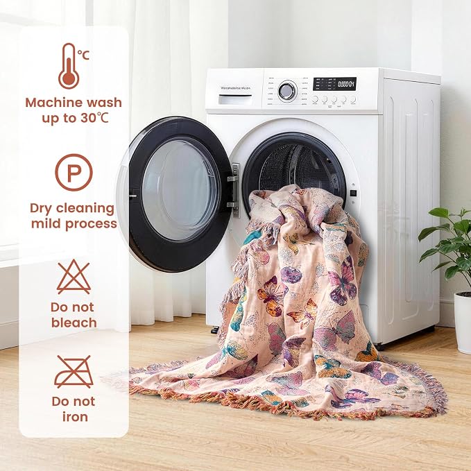 MSGKV Boho Throw Blanket for Couch Cotton Butterfly Blanket 50"x60" Sofa Chair Blankets All Seasons Muslin Summer Breathable Lightweight Farmhouse Blankets Home Decor