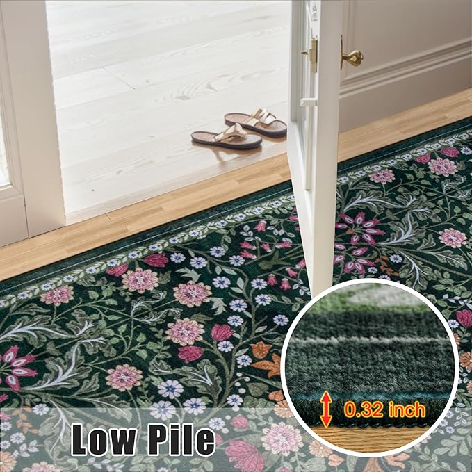 Entryway Rug 2X3 Small Rugs: Floral Washable Door Mat Vintage Soft Low Pile Non-Slip Kitchen Rugs Stain Resistant Indoor Throw Rug for Entrance, Bedroom, Kitchen, Laundry, Bathroom Dark Green