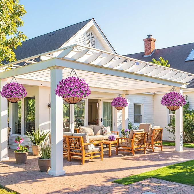 Artificial Hanging Flowers with Baskets for Outdoors, Fake Silk Pansy Flowers UV Resistant Faux Hanging Plants for Front Porch Patio Yard Home Spring Summer Decoration, Fuchsia