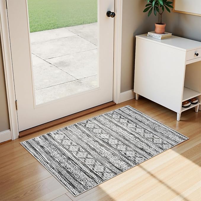 Tortania Area Rug Living Room Rugs - 2x3 Washable Soft Neutral Boho Moroccan Farmhouse Mat Indoor Floor Carpet for Bedroom Hallway Entryway Kitchen Home Office Decor - Black White