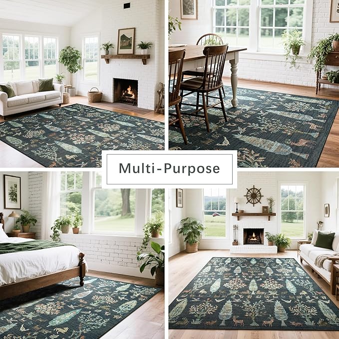 Srugn Washable Rugs 8x10 Area Rugs for Living Room,Bedroom,Dining Room- Large Ultra Soft Faux Wool Retro Carpet,Non Slip&Non-Shedding Low Pile Vintage Print Rug for Home Office Dorm-Dark Green