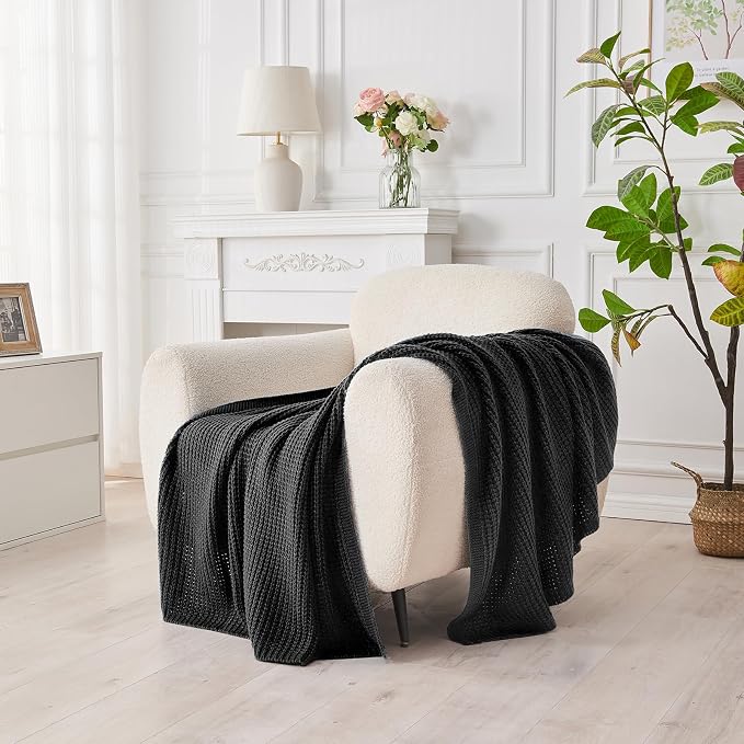 Douceur Black Throw Blanket for Couch, Soft Chunky Cable Knit Throw Blanket, Classic Fisherman's Rib Stitch Pattern Throw for Living Room Gift, 50"X60"