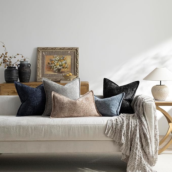 DEZENE Pack of 2 Dusty Blue Decorative Throw Pillow Covers 12x20 Cozy Soft Chenille Boho Accent Vintage Farmhouse Rectangular Lumbar Couch Pillow Covers for Home Decor Bed Sofa Living Room