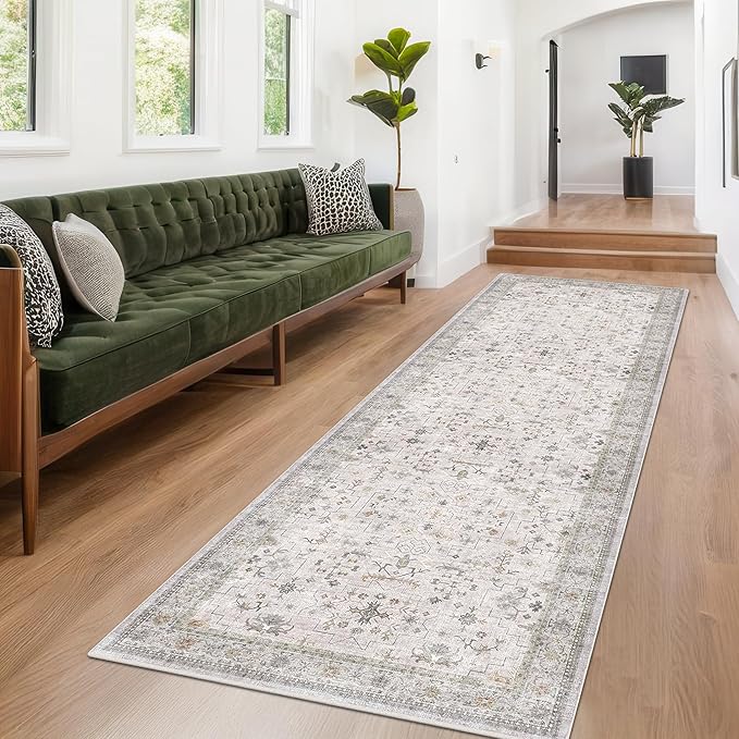Hazo Haus Light Gray Kitchen Rug 10 ft Long - Modern Neutral Boho Unique Floral with Brown Accent, Washable Low Pile Non-Slip Extra Long Wide Runner Rugs for Hallway, 3x10