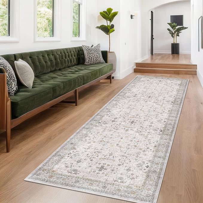 Neutral Light Gray & Sage Kitchen Rug 10 ft Long - Modern Boho 3x10 Extra Long Runners for Hallways, Washable Low Pile Entryway Indoor Rug, Non-Slip Stain Resistant Low Pile Throw Carpet