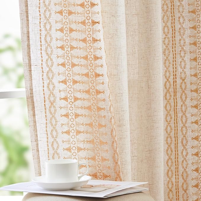 jinchan Boho Curtains Embroidered Linen Blend Window Curtains for Bedroom, Drapes 84 Inch Length 2 Panels Set, Geometry Grommet Bohemian Window Treatments Set for Living Room Gold on Beige
