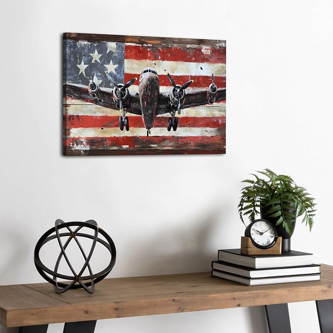 Vintage Airplane Wall Art USA Flag Aviation Pictures for Living Room Rustic Plane Posters Canvas Prints Bedroom Decor Modern Contemporary Aircraft Painting Artwork Mens Office Home Decorations 12x16"