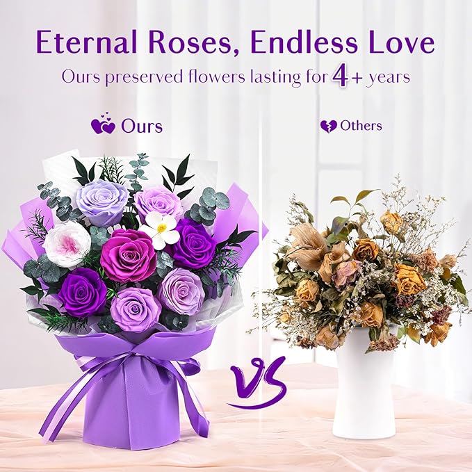 Forever Rose Flowers for Delivery, 8-Piece Preserved Roses Bouquet Birthday Gifts for Women, Long Lasting Purple Roses with Gift Box for Mom, Forever Flowers with Vase for Her Wife Girlfriend