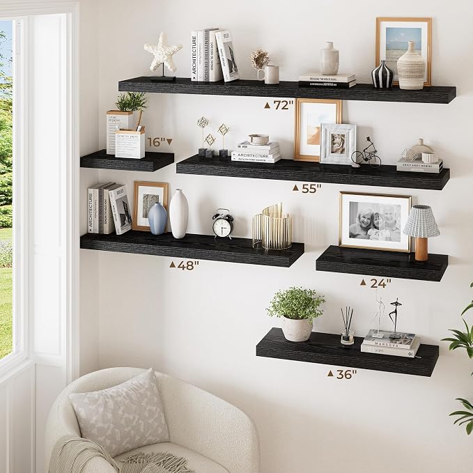 RICHFOCUS Deep Floating Shelves for Wall 2 Pack 12" D 16 Inch Wall Shelves for Room Wall|Wood Hanging Shelf with Invisible Brackets for Bathroom Bedroom Kitchen Laundry Room, Black