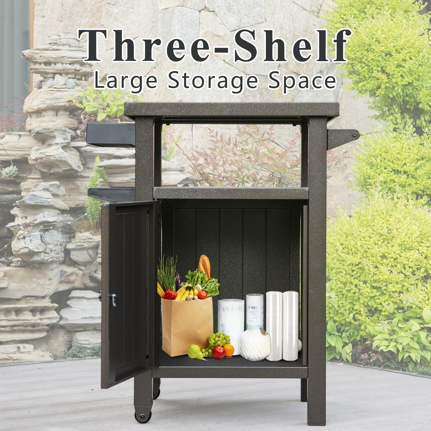 Domi Grill Carts Outdoor with Storage and Wheels, Whole Metal Portable Table and Storage Cabinet for BBQ,Deck,Patio,Backyard(Brown)