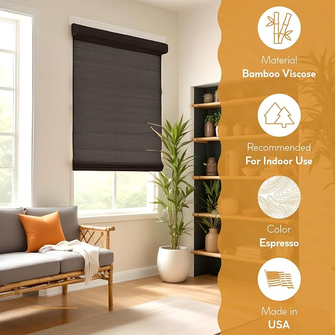 Radiance Cordless Bamboo Roman Shades for Windows - Flatweave Bamboo Blinds for Reduce Bright Light - Easy to Lift & Fold Up Window Shades - Espresso - 27 in. W x 64 in. L - (2208826E)