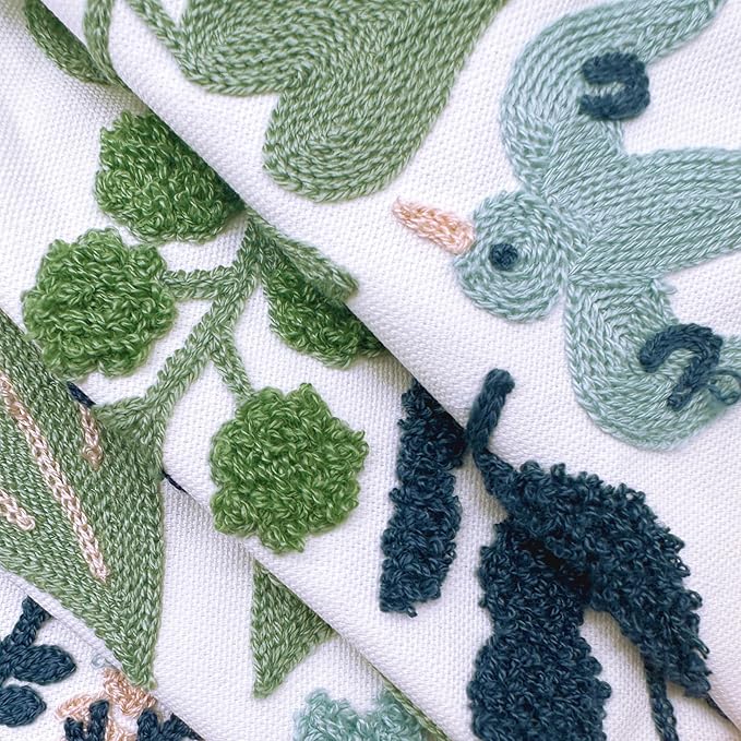 Alysheer Floral Embroidered Spring Decorative Throw Pillow Covers 20"x 20" Set of 2, Farmhouse Cottage Navy Blue Green Flowers Leaves Knit Pattern Cotton Canvas Cushion Case for Couch Bed Living Room