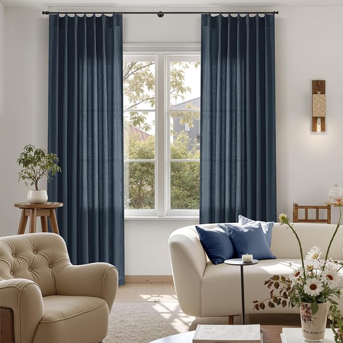 Guken Vintage Blue Pinch Pleated Linen Curtains 84 Inches Long 2 Panels Set Vintage Farmhouse Boho Window Curtain for Living Room Bedroom Semi Sheer Back Tab Draps with Hooks Rings Aesthetic Decor