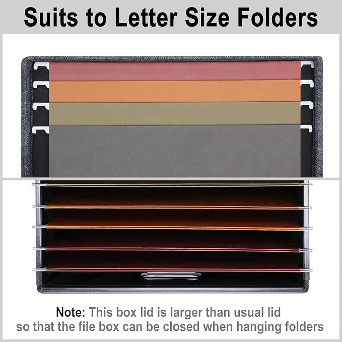 Graciadeco File Organizer, Collapsible Storage Filling Box with Lid for Letter Legal Size Hanging Folders Decorative Linen File Folder Box Document Storage Filing Bin, Dark Gray 2 Pack