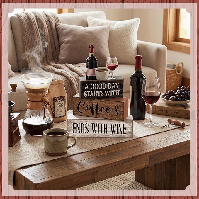 Lineshading 4 Pcs Farmhouse Table Decor Wooden Stacked Block Sign with Wine Bottle, Coffee Cup & Glass Sculpture a Good Day Starts with Coffee Ends with Wine Sign for Home & Bar Housewarming Gift