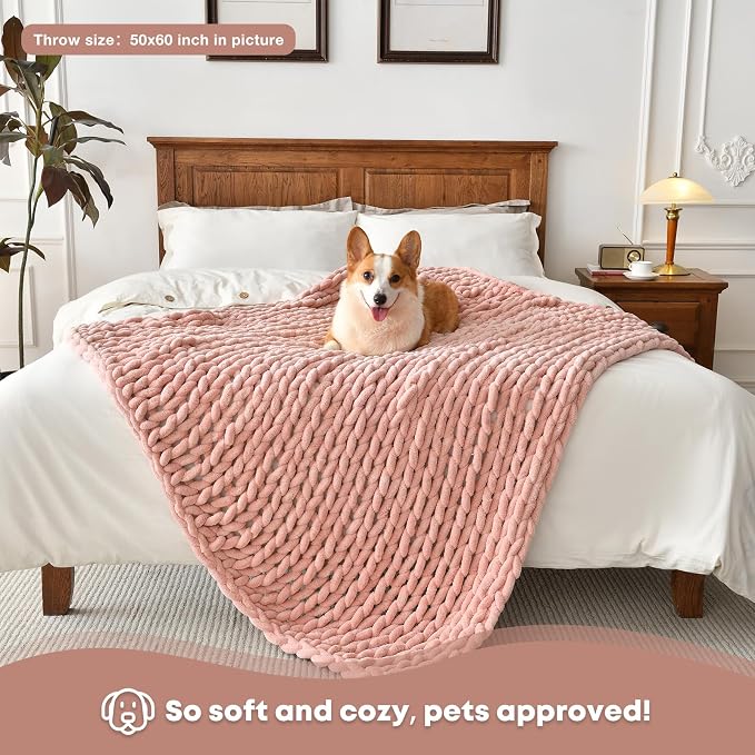 Soft Chunky Knit Blanket, 60X80 in Handmade Thick Chenille Yarn Throw Without Shedding & Raveling, Aesthetic & Cozy Home Decor with Couch Sofa Bed, Gift Pack, Pale Pink