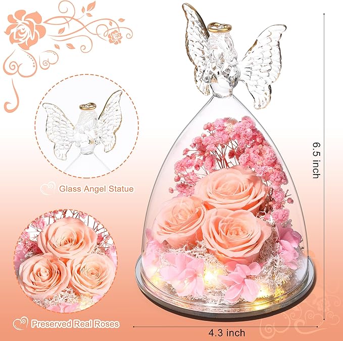 Mothers Day Rose Gifts for Women Preserved Real Flower in Glass Angel Figurines Roses for Delivery Prime Birthday Gifts for Mom Grandma Girlfriend Wife Her, Champagne